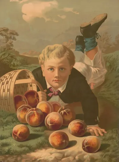 Young Boy On The Ground After He Has Fallen With A Basket Of Spilled Peaches