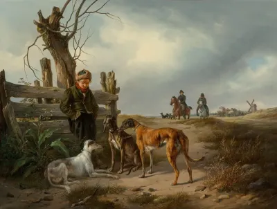 Young Boy Resting Beside A Fence With Hunting Dogs