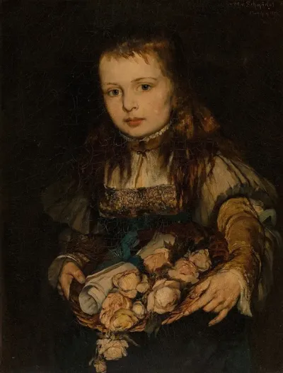Young Girl Holding Flowers And A Document Tied With A Blue Ribbon