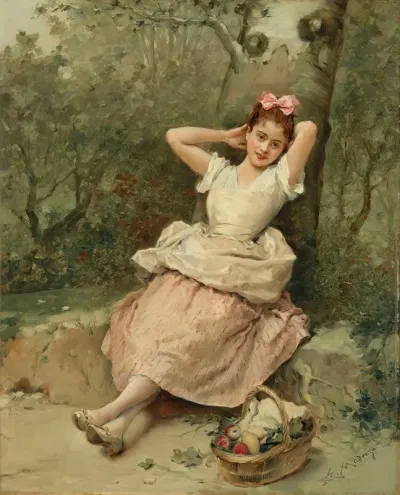 Young Girl Sitting At The Foot Of A Tree