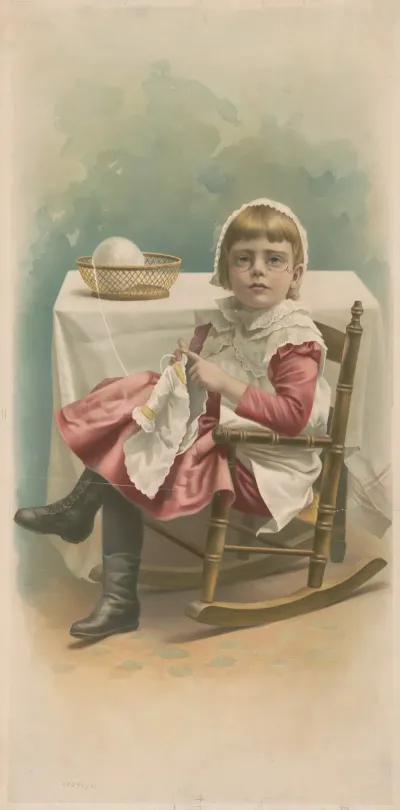 Young Girl Sitting In A Rocking Chair Knitting A Garment