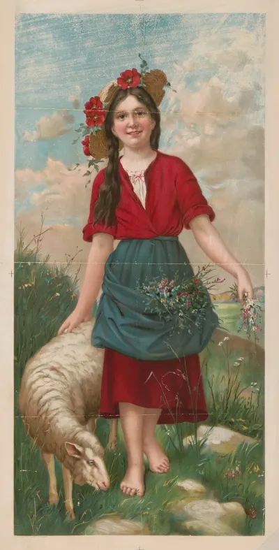 Young Girl Wearing A Red Dress And Blue Apron Full Of Wildflower