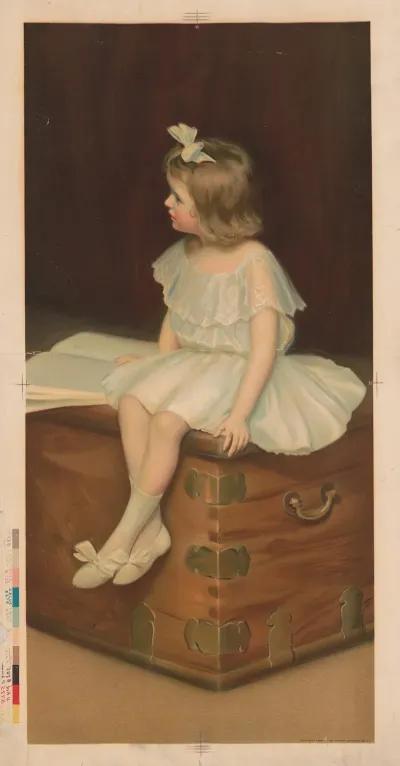 Young Girl Wearing A White And Blue Dress Sitting On A Trunk Reading A Book