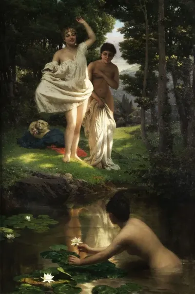 Young Girls Taking A Bath At A Forest Spring