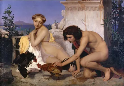 Young Greeks Attending A Cock Fight