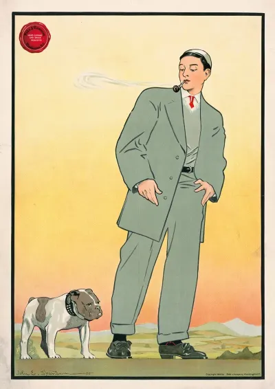 Young Man In Gray Suit Smoking A Pipe And Looking At A Dog