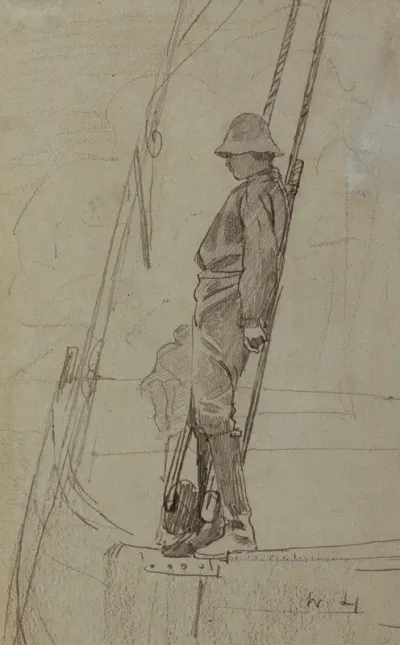 Young Man Leaning Against Sailboat Rigging