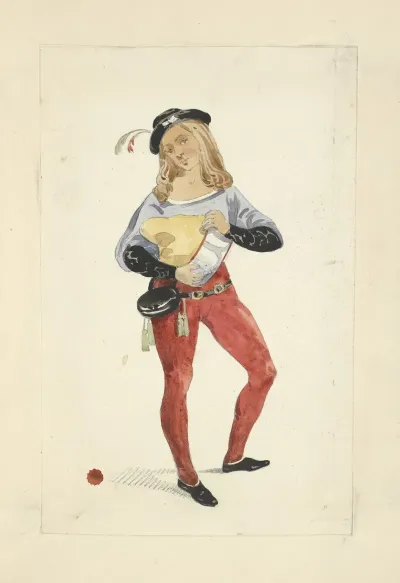 Young Man Wearing Tights Blouse Hip Belt With Purse And Hat With Feather