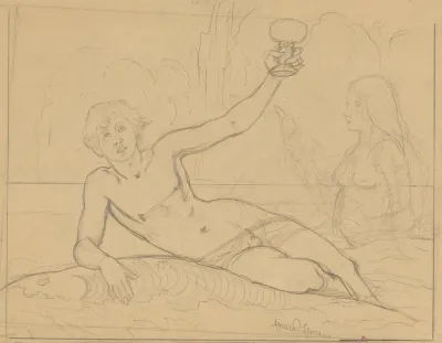 Young Man With A Chalice In His Hand Lying On A Fish With A Nereid In The Background On The Right