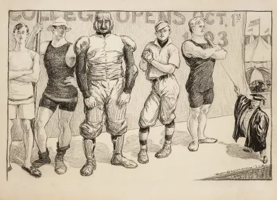Young Men In Athletic Uniforms Of Various Sports Under A Sign Reading College Opens Oct 1st