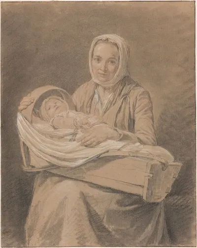 Young Mother Seated Holding Her Baby In A Portable Crib On Her Knees