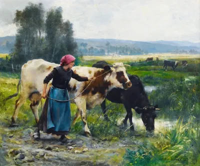 Young Peasant Woman With Two Cows