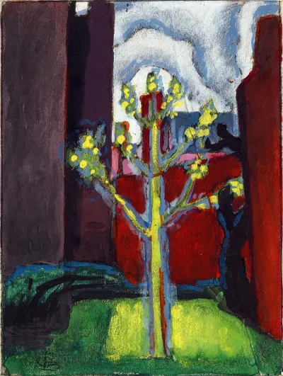 Young Tree In Red Courtyard