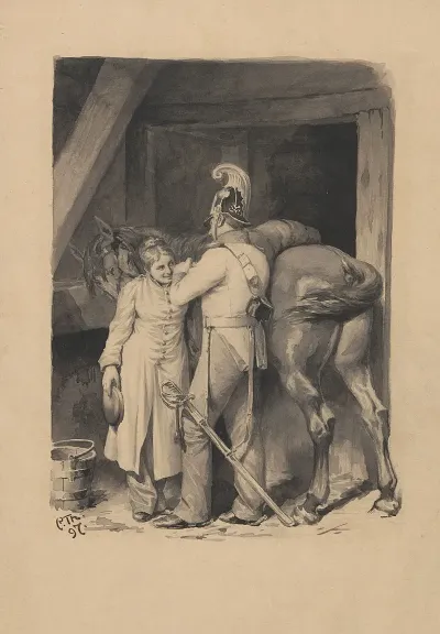 Young Woman And Soldier With Horse