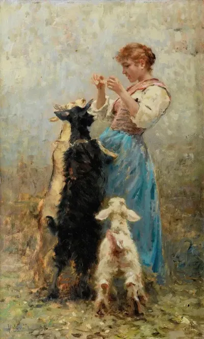 Young Woman Feeding Goats