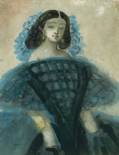 Young Woman In A Blue And Black Dress
