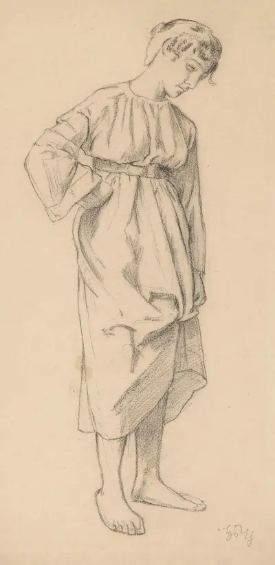 Young Woman In A Loose Dress Lifting Its Hem With Her Left Hand