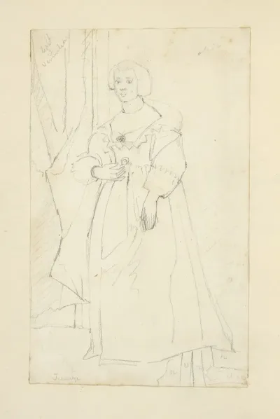 Young Woman In Long Dress With Fitted Bodice Full Sleeves And Square Deeply Cut Neckline