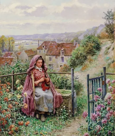Young Woman Knitting By A Garden Gate