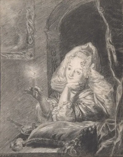 Young Woman Seated At A Table Holding A Candle Late