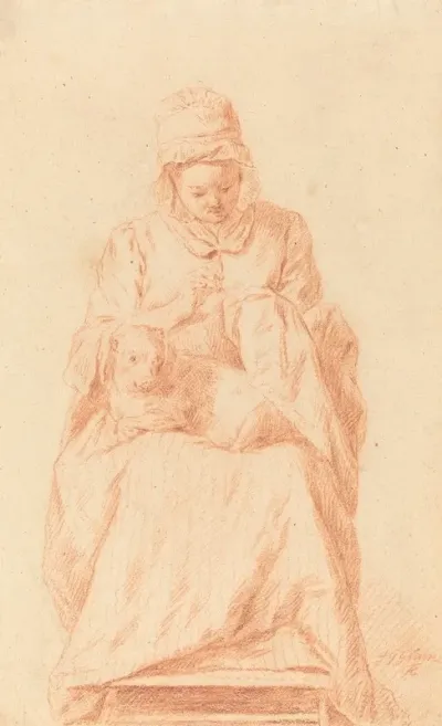 Young Woman Sewing With A Dog Resting On Her Lap