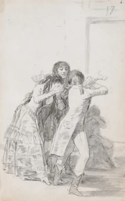 Young Woman Weeping And Covering Her Face With Her Hands Accompanied By Men