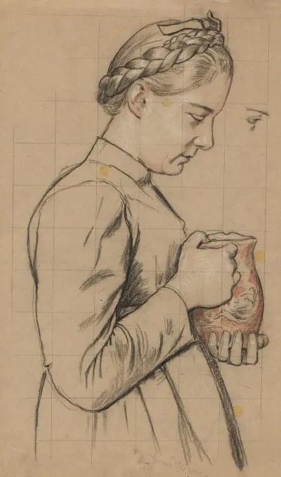 Young Woman With A Jug In Her Hands Depicted In Profile In Half Figure