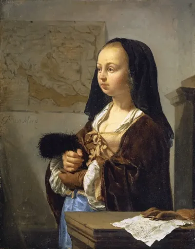 Young Woman With Feather Fan Prepared To Go Out 2
