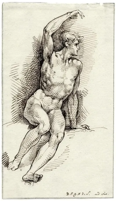 Zittend Mannelijk Naakt Met Geheven Arm