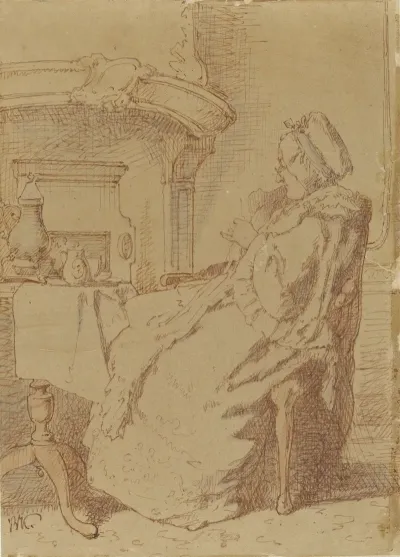 Zittende Breiende Oude Vrouw Aan Een Tafel