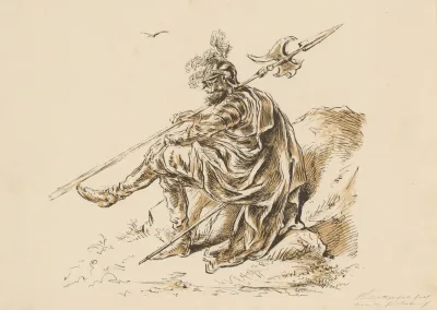 Zittende Krijgsman Met Hellebaard