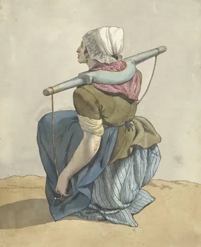 Zittende Vrouw Met Een Juk Op Haar Schouders