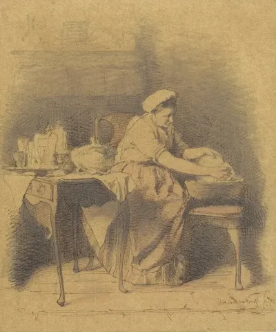 Zittende Vrouw Vaatwerk Wassend