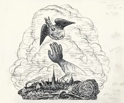 Zonder Titel Vignet Voor Biografie Van Gestel Door Van Der Pluym Gezicht Op Woerden Met Daarboven Een Hand Die Reikt Naar Een Gevleugeld Palet