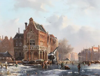 Zugefrorener Kanal In Einer Hollandischen Stadt