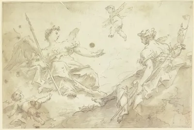Zwei Allegorische Frauenfiguren Mit Putten Auf Wolken Virtu Und Nobilita