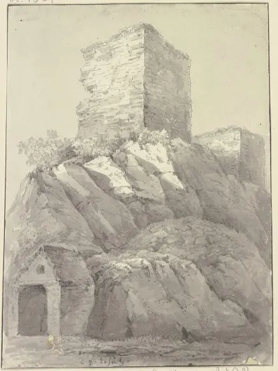 Zwei Burgturme Auf Einem Felsen Im Vordergrund Ein Steinhauschen
