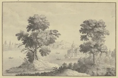 Zwei Hohe Baume Mit Durchblick Auf Ein Wasserschlos Und Ferne Berge