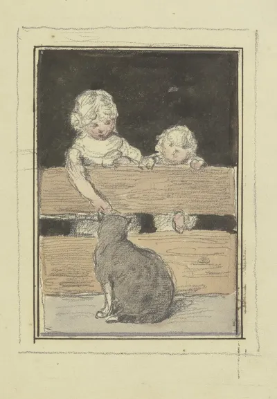 Zwei Kinder Am Zaun Mit Einer Katze