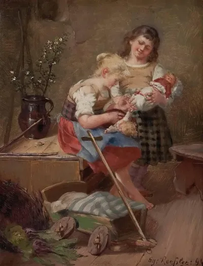 Zwei Madchen Mit Puppen