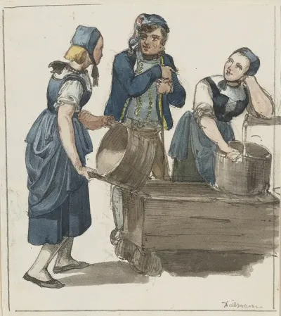 Zwei Madchen Und Ein Bursche Am Brunnen