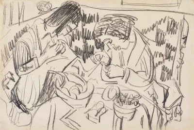 Zwei Nahende Frauen Am Tisch Two Sewing Women At The Table