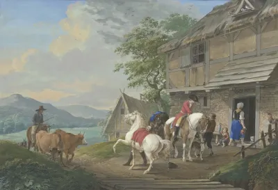 Zwei Reiter Mit Einem Packpferd Halten Vor Einem Bauernhaus