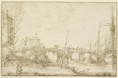 Zwei Schiffe Liegen Bei Einer Brucke Links Auf Dem Wege Mehrere Figuren