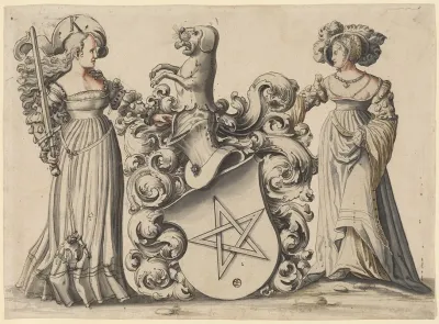 Zwei Stehende Damen Mit Wappen