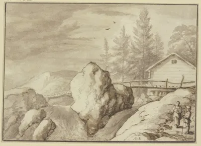 Zwischen Felsstucken Ein Wasserfall Dabei Ein Steg Und Ein Haus Rechts Zwei Figuren
