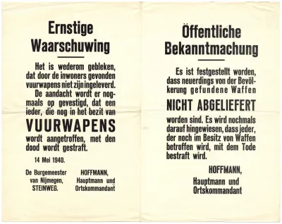 10 mei 1940. Openbare bekendmaking aan de burgers door burgemeester Steinweg en Ortskommandant Hoffmann: de doodstraf voor het niet inleveren van wapens. Achterkant Archief Gemeentehuis Nijmegen 5429b.
