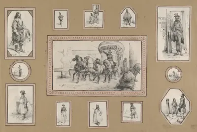13 mounted prints depicting a carriage scene at center surrounded by various men