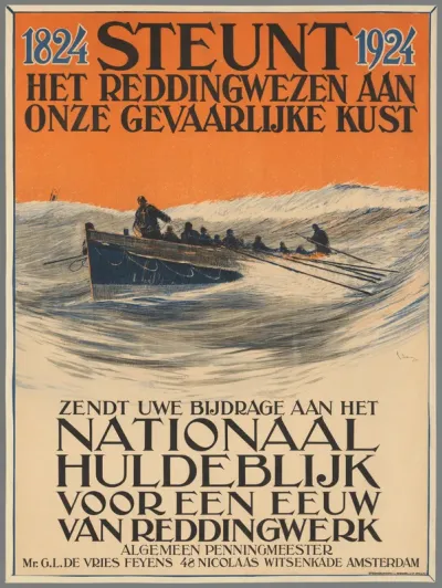 1824 - 1924 Steunt het reddingwezen aan onze gevaarlijke kust. Zendt uwe bijdrage aan het nationaal huldeblijk voor een eeuw van reddingwerk