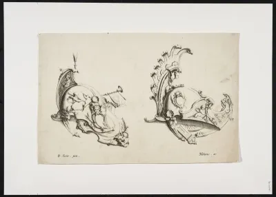 2 cartouches in the shape of a helmet, decorated with putti, sphinx, banners and masks